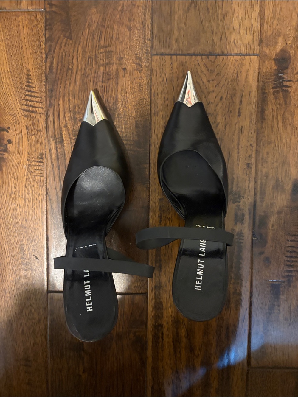 Helmut Lang Black Pointed Leather Slingback Heels with Silver Toe Caps